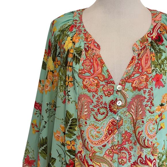 Fig and Flower Paisley Floral Popover Top Womens Large Pale Teal Multicolor - Picture 2 of 7